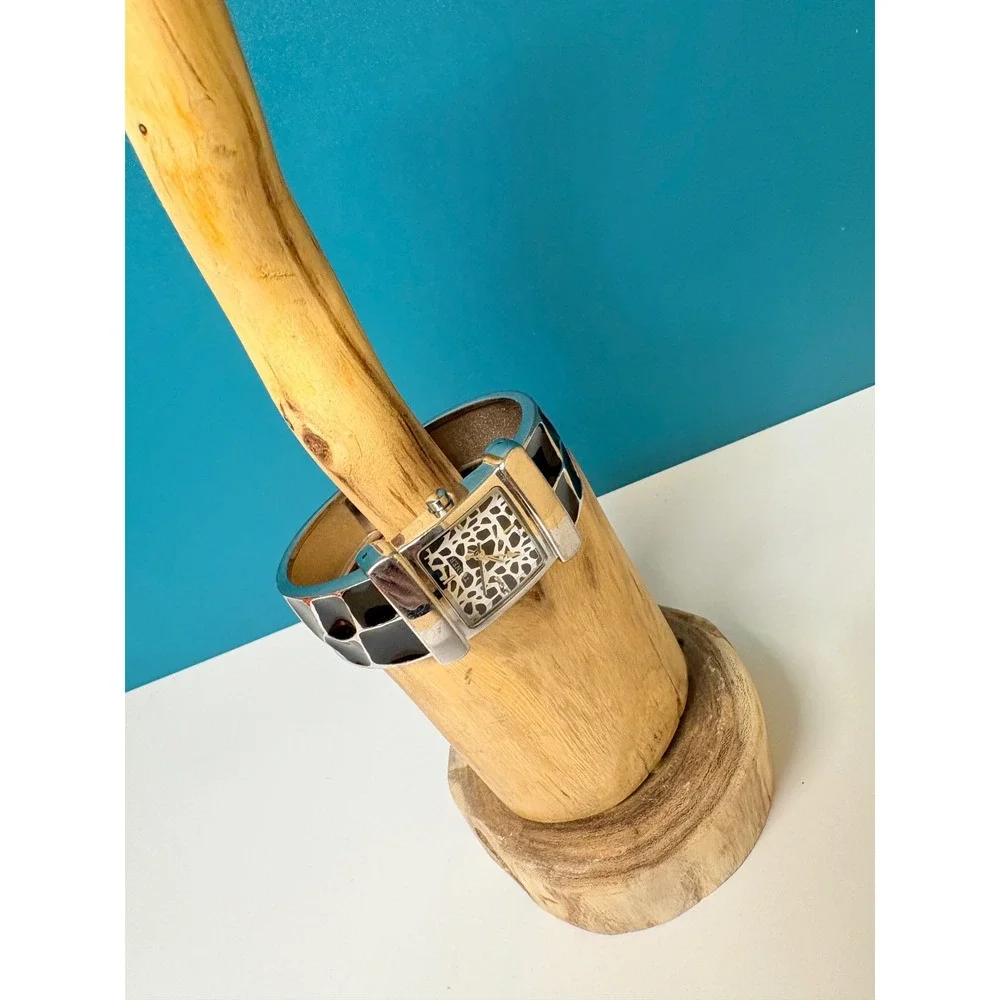 Terner Silver Tone Giraffe Print Dial‎ Cuff Bangle Watch Black Enamel Mosaic
